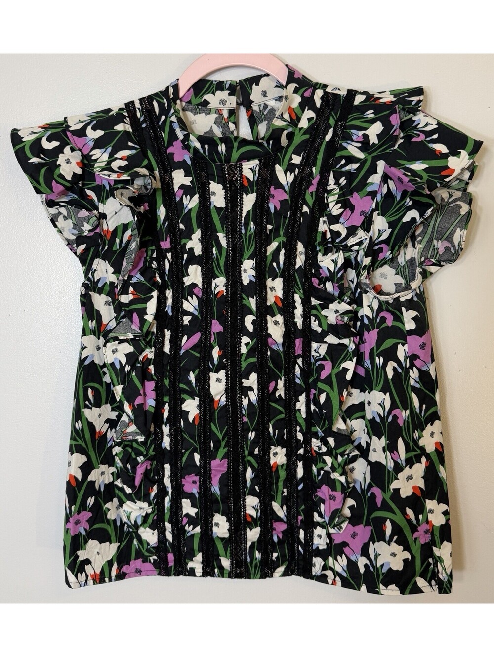 Veronica Beard Floral Lace Inset Blouse 4 Purple Multi Ruffle Cap Sleeve Flirty
